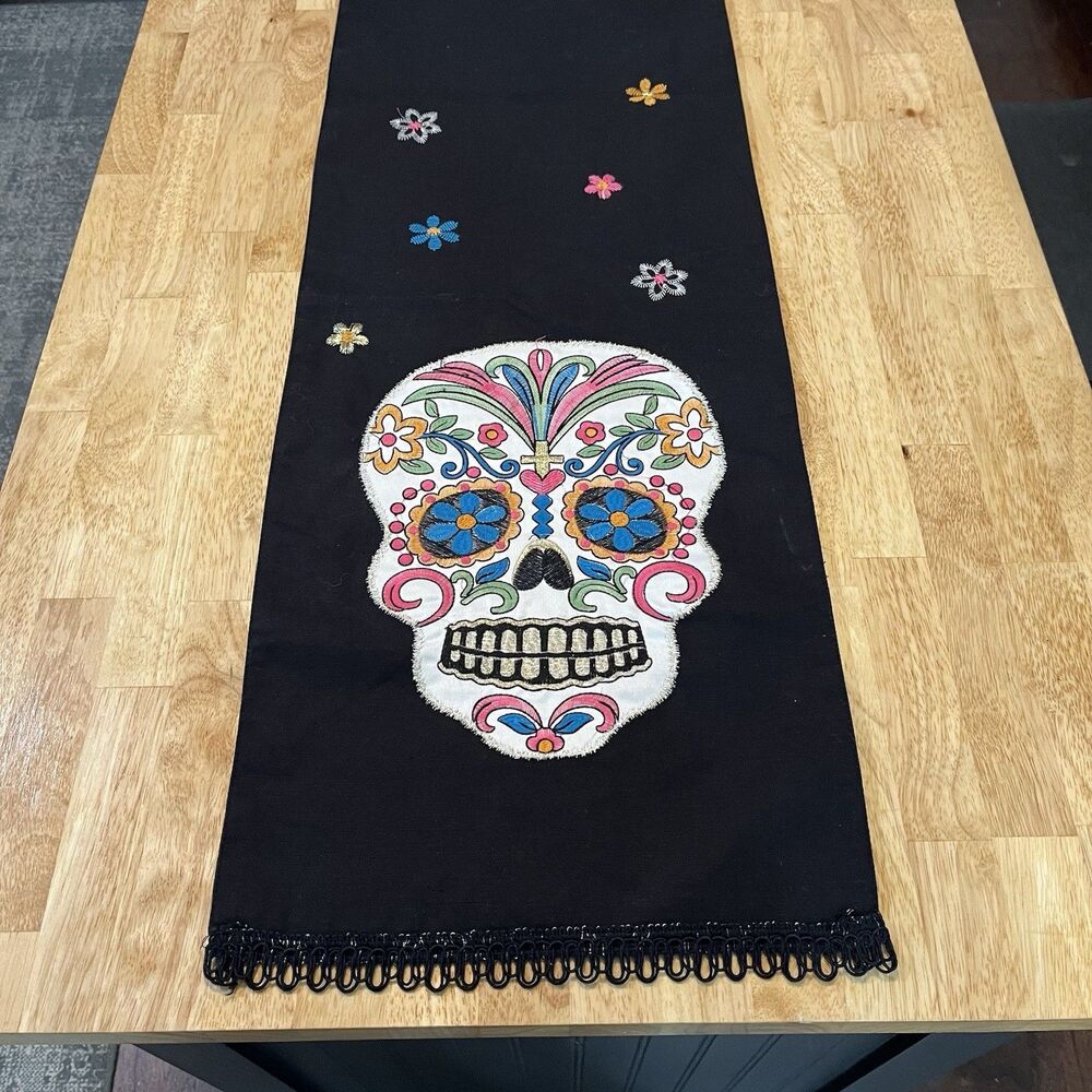 Day of the Dead Table Runner Embroidered Beaded Sugar Skull Halloween 14” x 72”